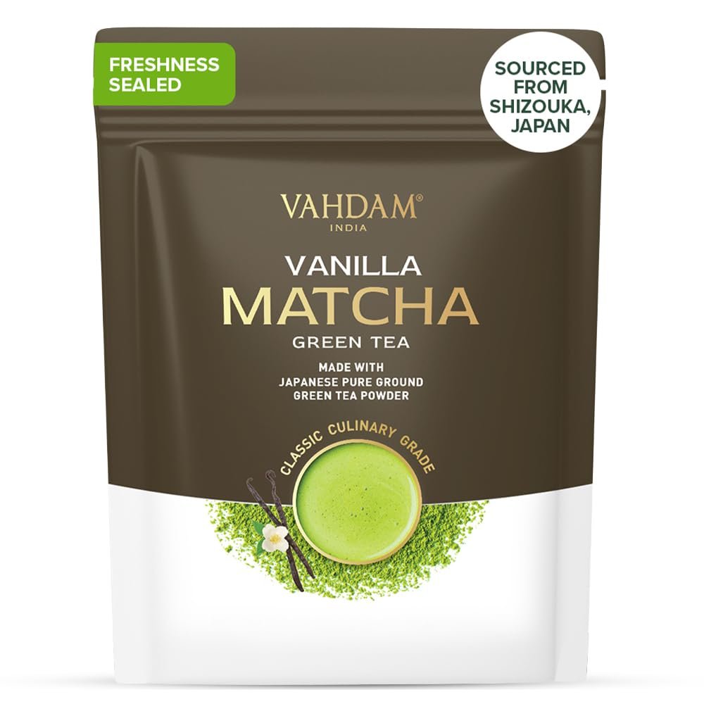 VAHDAM, Pudră de ceai verde Matcha cu vanilie (100 g, peste 100 de căni) Pudră de ceai Matcha 100% naturală, de origine japoneză, de calitate premium | Preparați un latte delicios