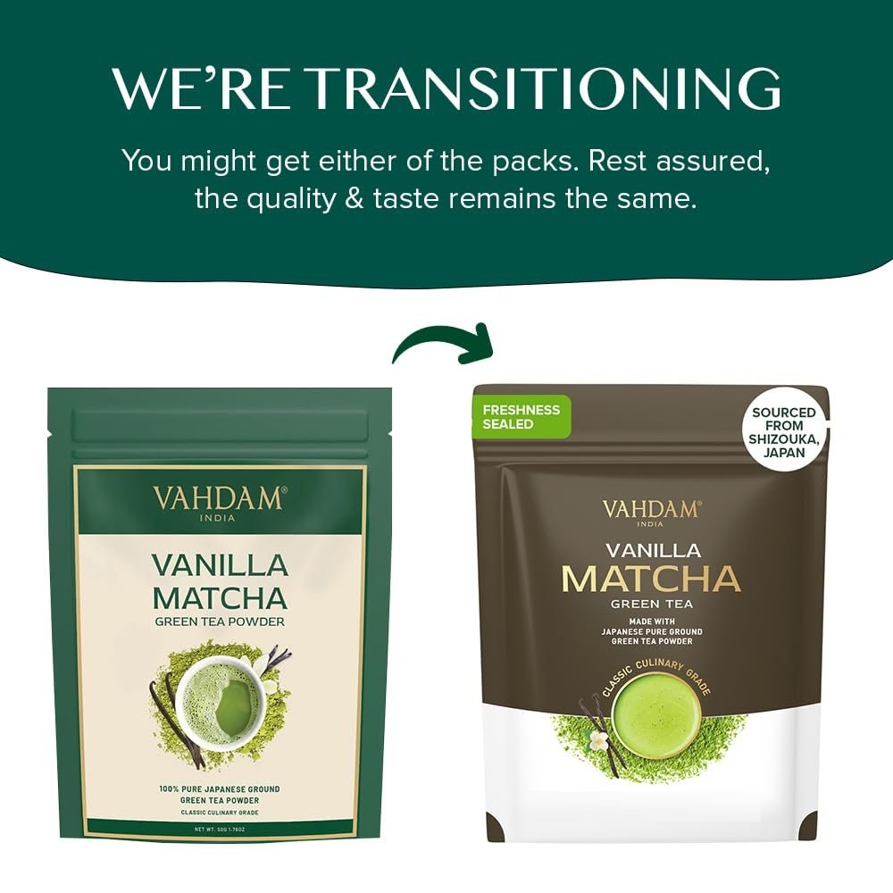 VAHDAM, Pudră de ceai verde Matcha cu vanilie (100 g, peste 100 de căni) Pudră de ceai Matcha 100% naturală, de origine japoneză, de calitate premium | Preparați un latte delicios