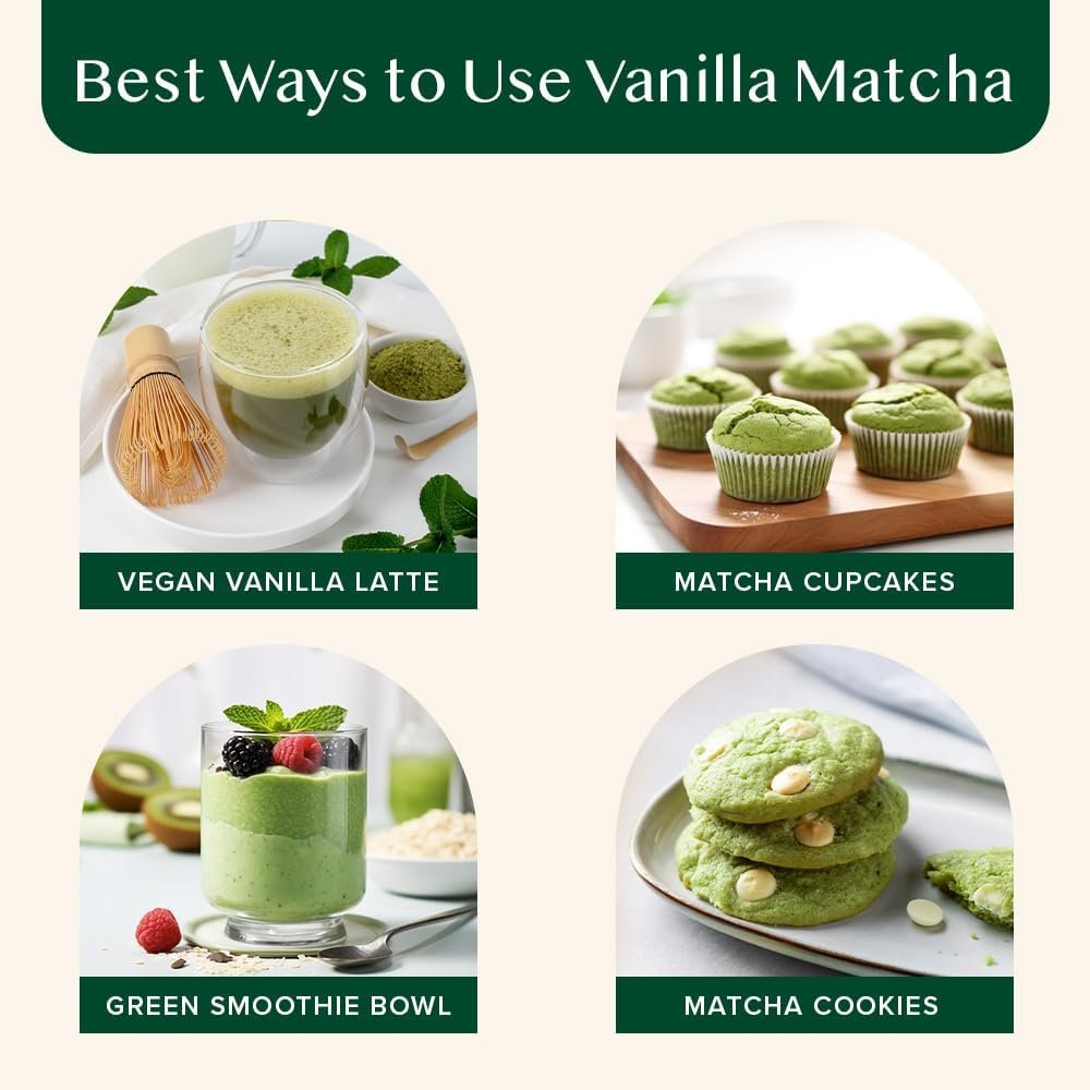 VAHDAM, Pudră de ceai verde Matcha cu vanilie (100 g, peste 100 de căni) Pudră de ceai Matcha 100% naturală, de origine japoneză, de calitate premium | Preparați un latte delicios