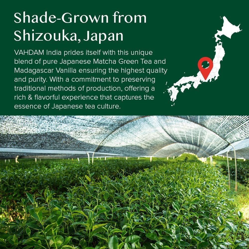 VAHDAM, Pudră de ceai verde Matcha cu vanilie (100 g, peste 100 de căni) Pudră de ceai Matcha 100% naturală, de origine japoneză, de calitate premium | Preparați un latte delicios