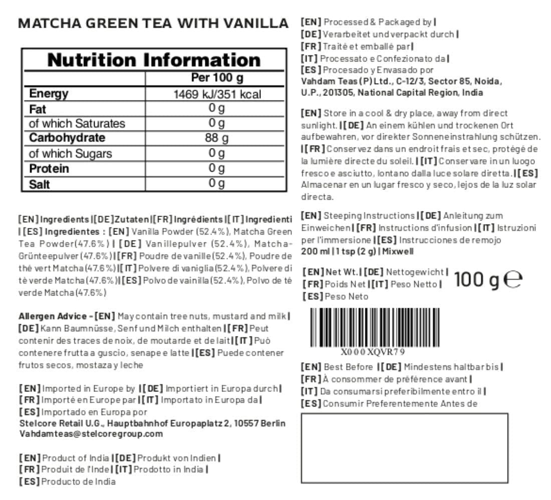VAHDAM, Pudră de ceai verde Matcha cu vanilie (100 g, peste 100 de căni) Pudră de ceai Matcha 100% naturală, de origine japoneză, de calitate premium | Preparați un latte delicios